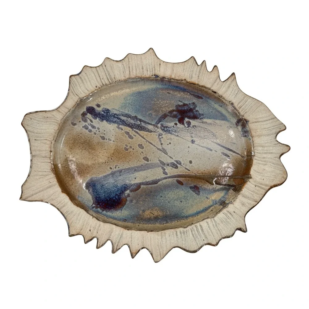 Studio Pottery Abstract Glaze‎ Jagged Rim Platter Signed Artisan Serving Tray